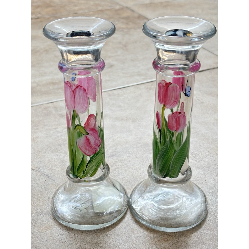 Christine Schreiber Forget-Me-Not Hand Painted Glass Candlesticks Tulips Pair